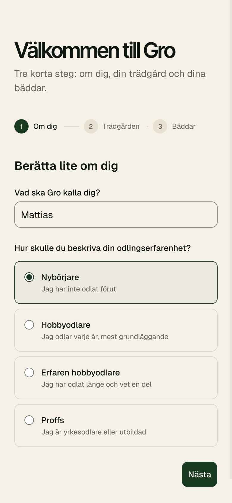 Onboarding: berätta om dig och din odlingsvana
