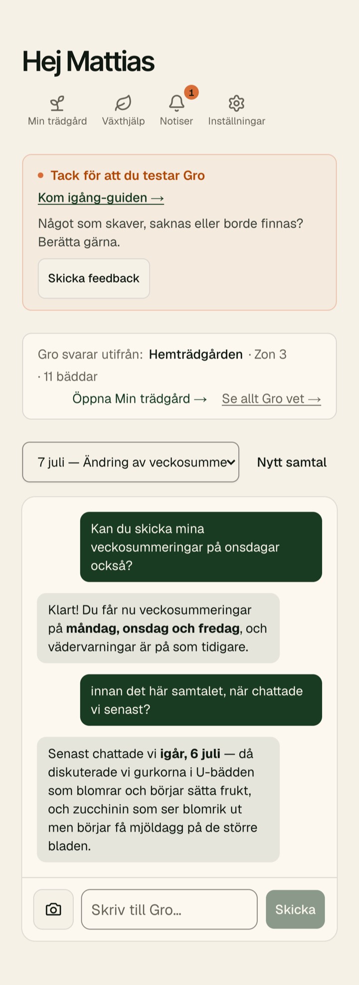 Chatten med en fråga och ett svar från Gro